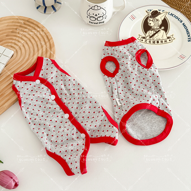 无毛猫夏季薄衣服德文宠物小猫咪阿比东短猫可爱桃心网眼短袖背心