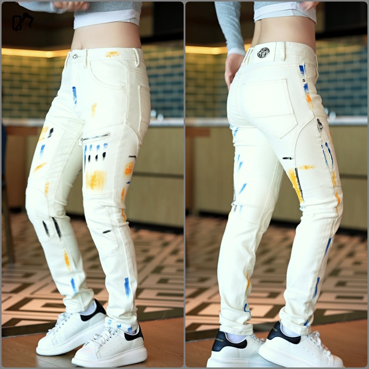 男士修身弹力小直筒时尚涂鸦机车牛仔裤男宽松直筒牛仔中裤男