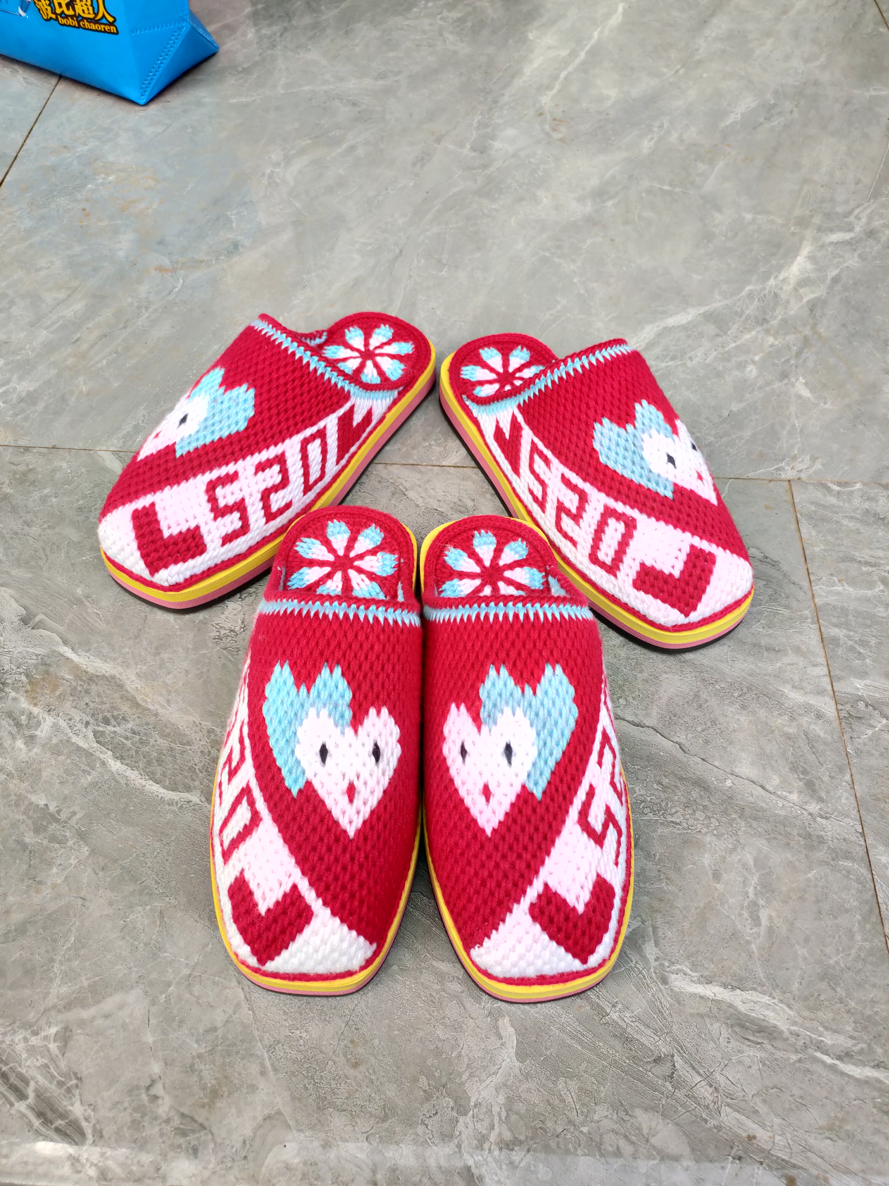 纯手工编织毛线拖鞋女居家防滑保暖舒适成品爱心520