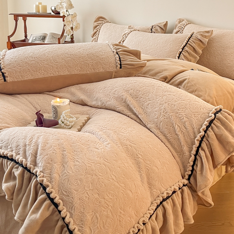 法式雕花牛奶绒花边床盖四件套加厚双面绒被套床单床上毛绒被罩冬