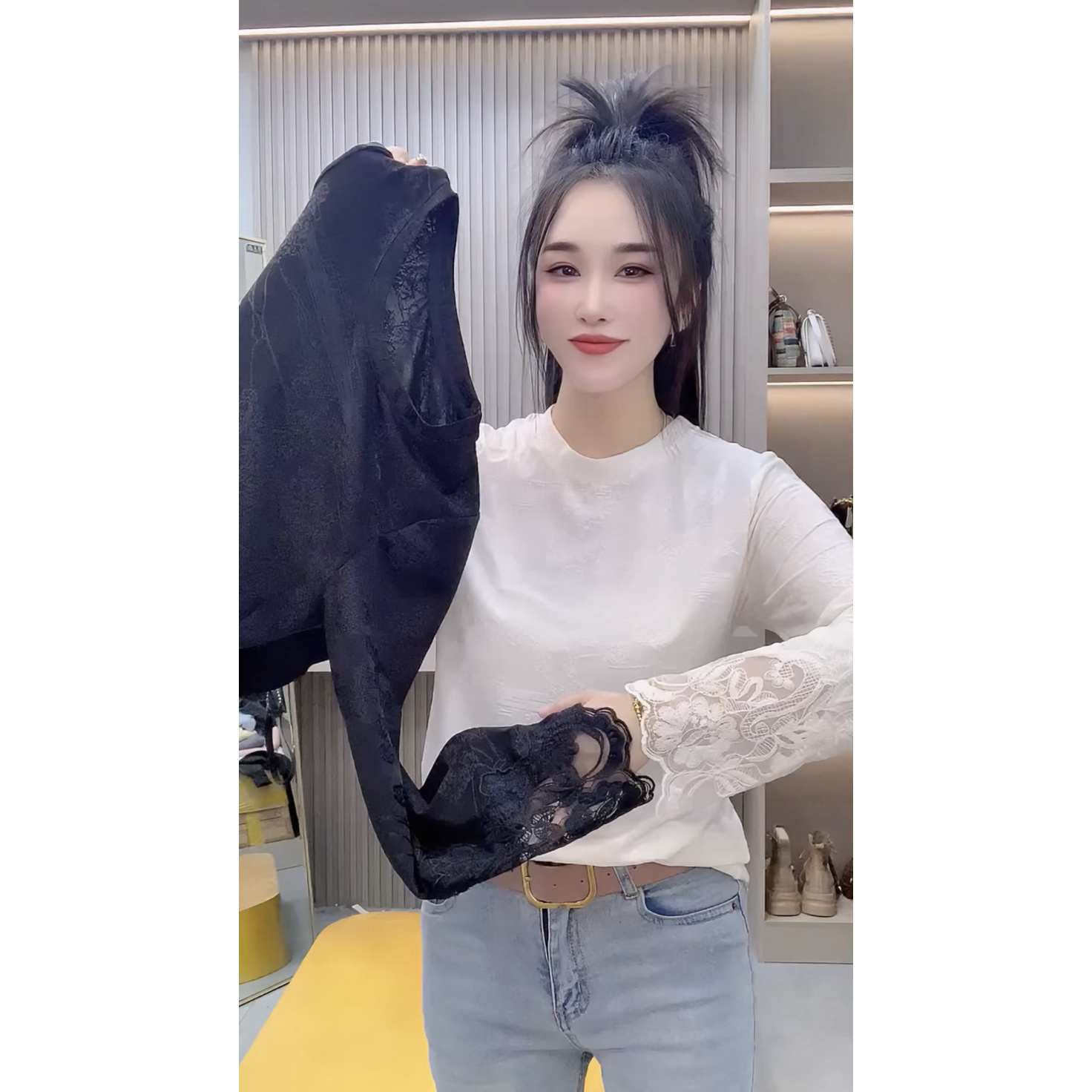 欧洲站2025秋冬新中式复古提花设计感蕾丝袖口打底衫独特别致T恤