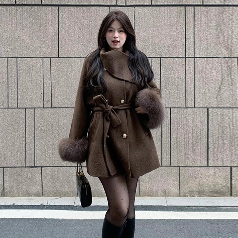 2025秋冬简约中长款双面绒毛呢外套女美拉德翻领小个子呢子大衣