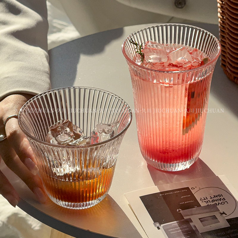 ins风高颜值冰美式拿铁咖啡杯冷萃饮品杯条纹玻璃杯果汁杯喝水杯