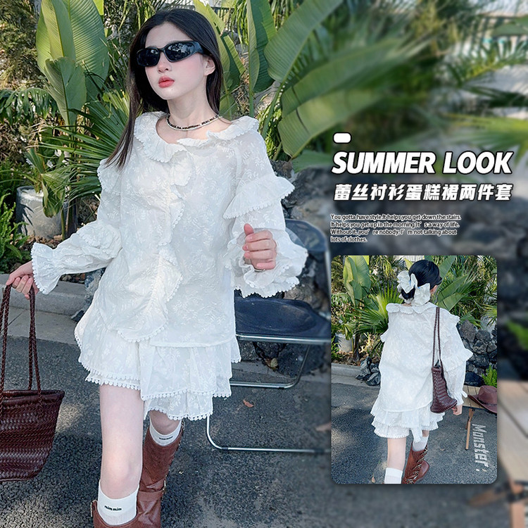 女童防晒衣套装2025新款儿童薄款衬衫外套中大童女孩夏装蛋糕裙子