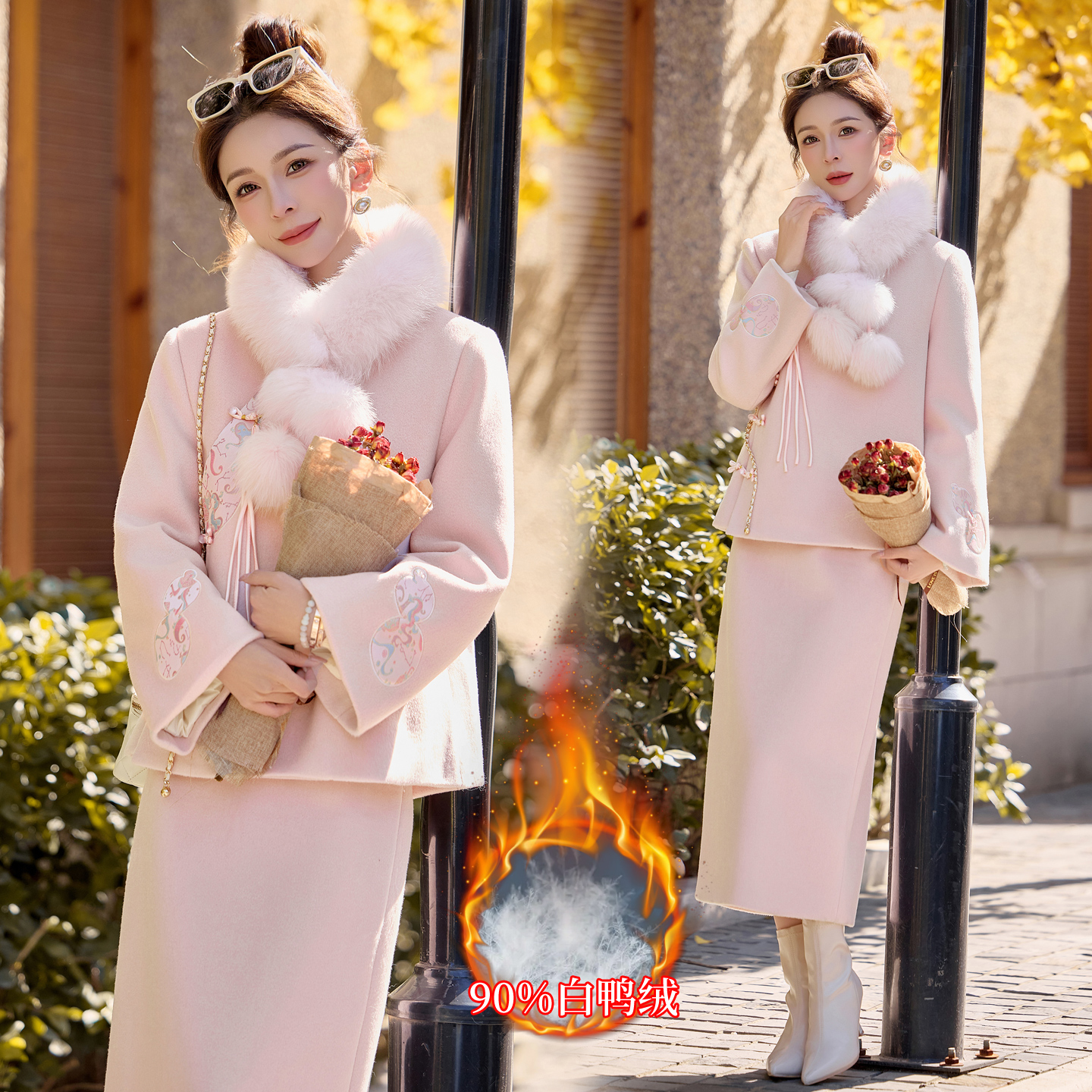 新中式国风毛呢羽绒服套装女2025冬季新款高级感气质半身裙两件套