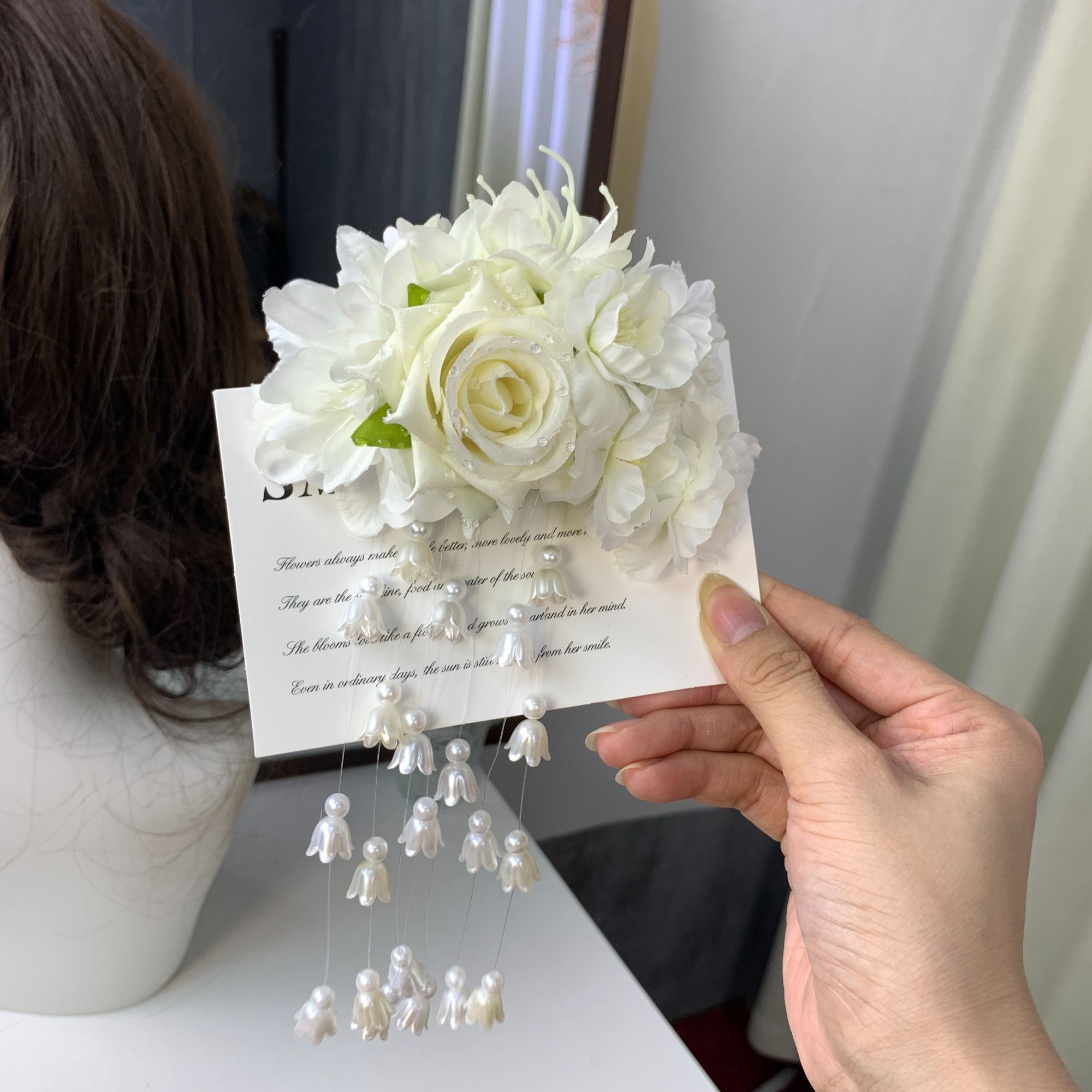 氛围感流苏鸭嘴夹白色花朵流苏发夹仙女兰花发饰国风发卡瀑布款
