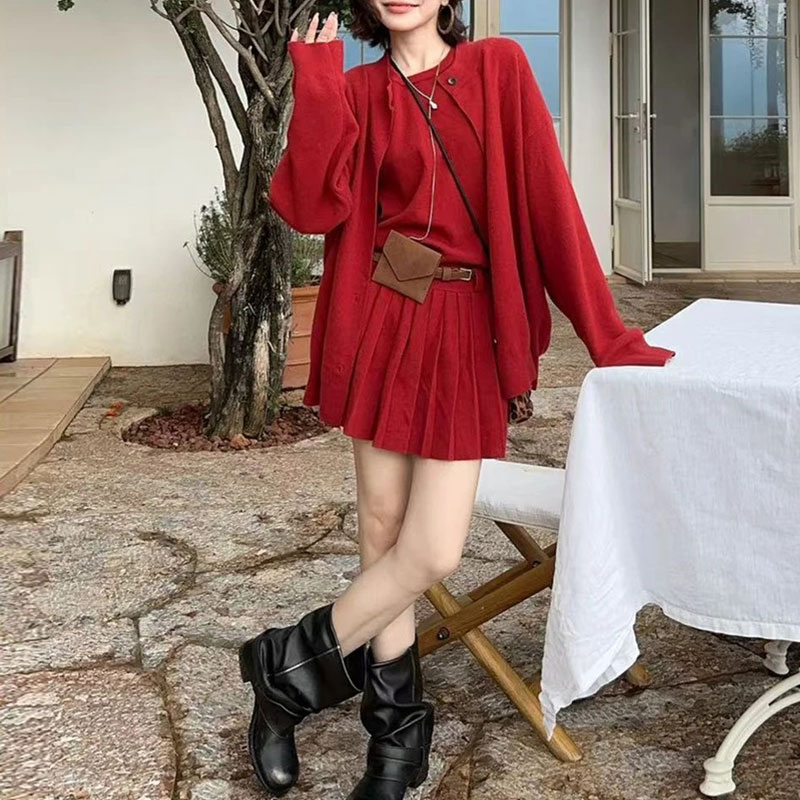 【高智千金】2025早秋新款背心百褶连衣裙女士时尚针织开衫气质套装