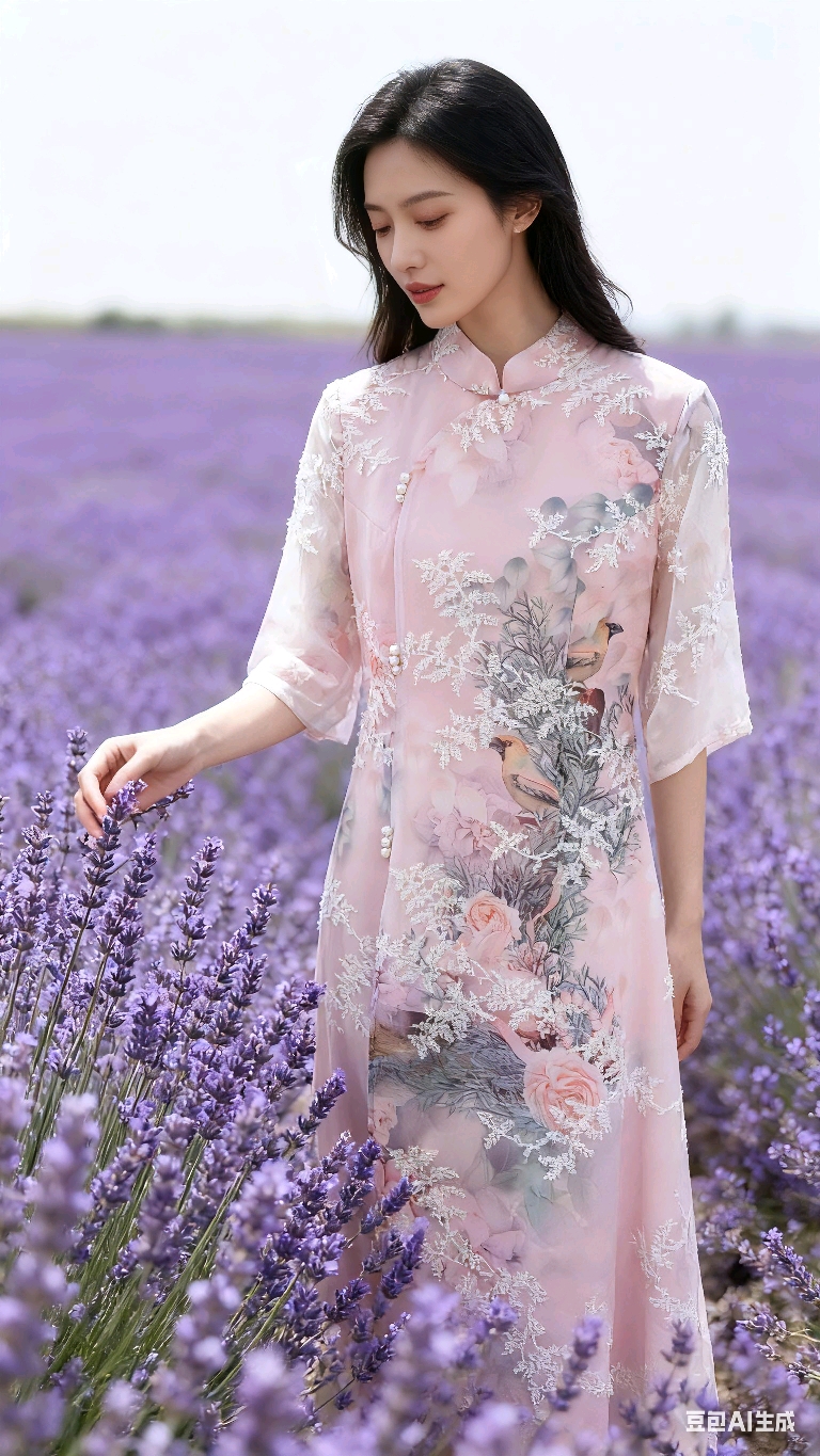 中袖裙子中国风旗袍文艺优雅中式植物花卉夏季蕾丝短袖气质日常