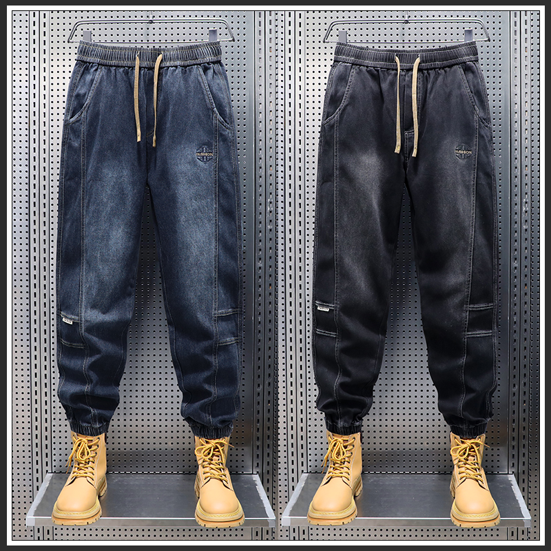 AOPAISHARK/奥派鲨秋季款宽松束脚百搭男士牛仔裤松紧腰潮流长裤