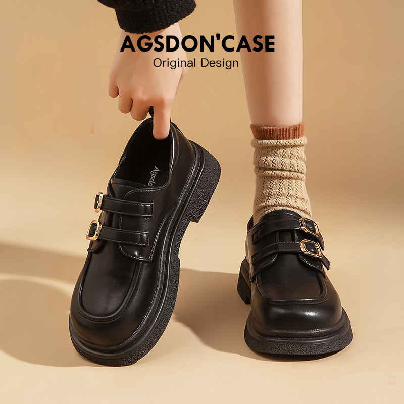 奥古狮登黑色乐福鞋女款2025春季新款厚底单鞋英伦风小皮鞋一脚蹬