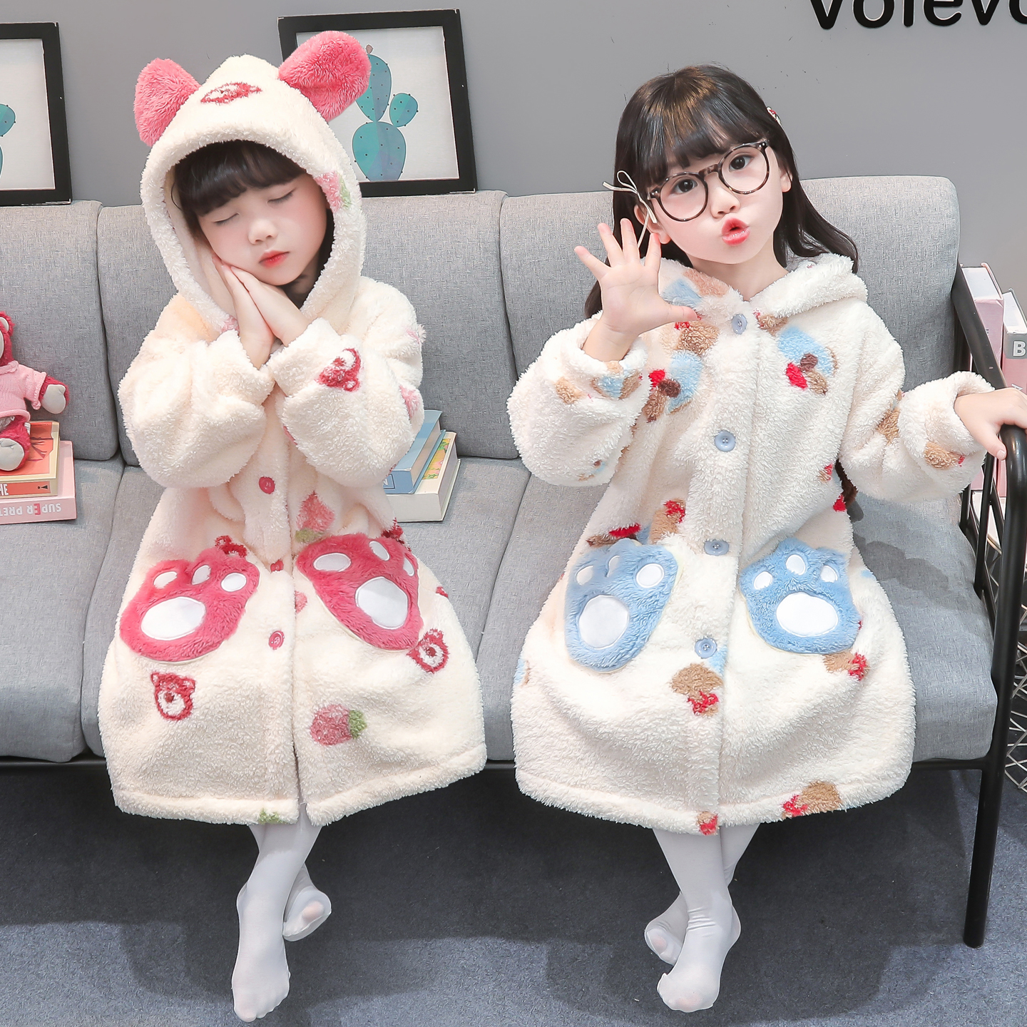 女童珊瑚绒睡袍秋冬季宝宝法兰绒睡衣冬款加厚儿童家居服连帽浴袍