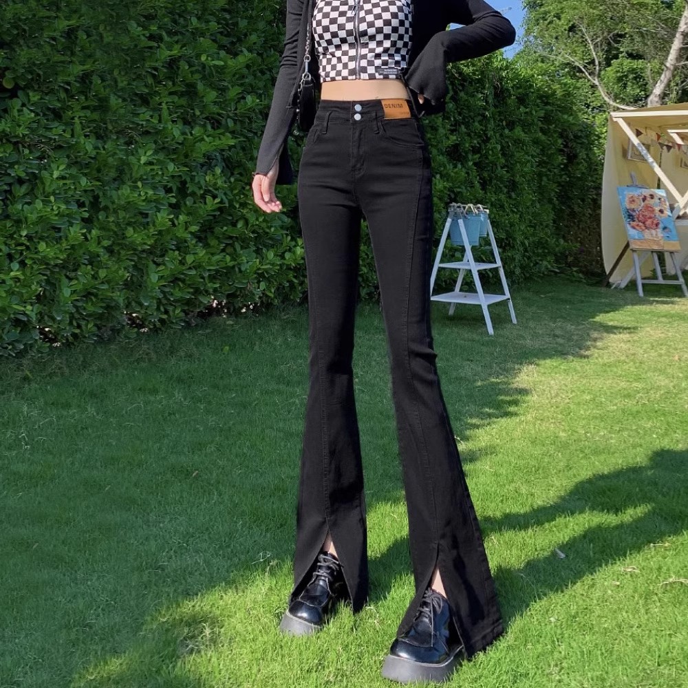 黑色开叉微喇叭牛仔裤女2025年秋季新款弹力显瘦高腰小个子喇叭裤