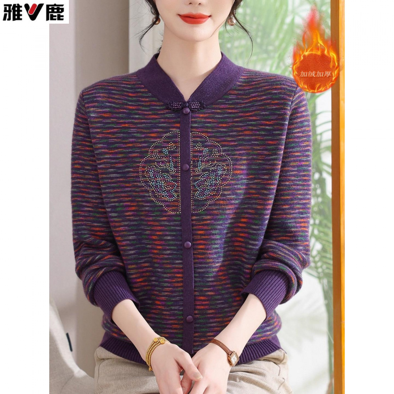 雅鹿中老年女装针织秋冬立领加厚打底妈妈装加绒保暖毛衣时尚宽松