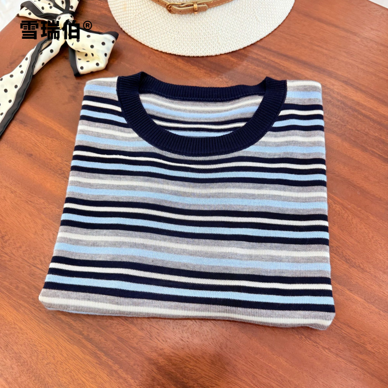 【冰凉丝滑更高级】条纹撞色百搭夏季薄短袖女休闲T恤透气758