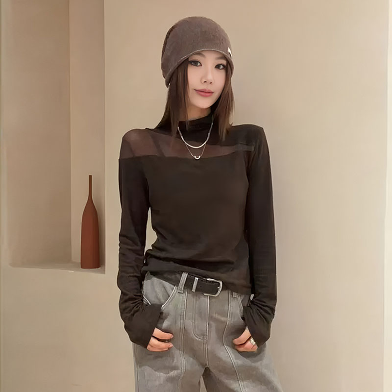 大码别致网纱拼接半高领长袖t恤女秋冬胖mm修身显瘦内搭打底上衣