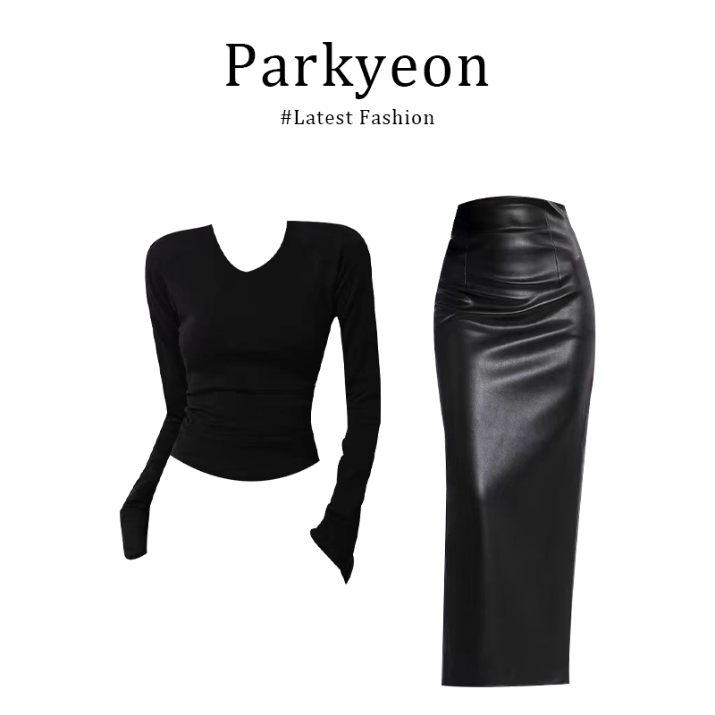 INS CEC韩系辣妹纯欲风黑色v领修身针织衫包臀皮裙半身裙两件套装