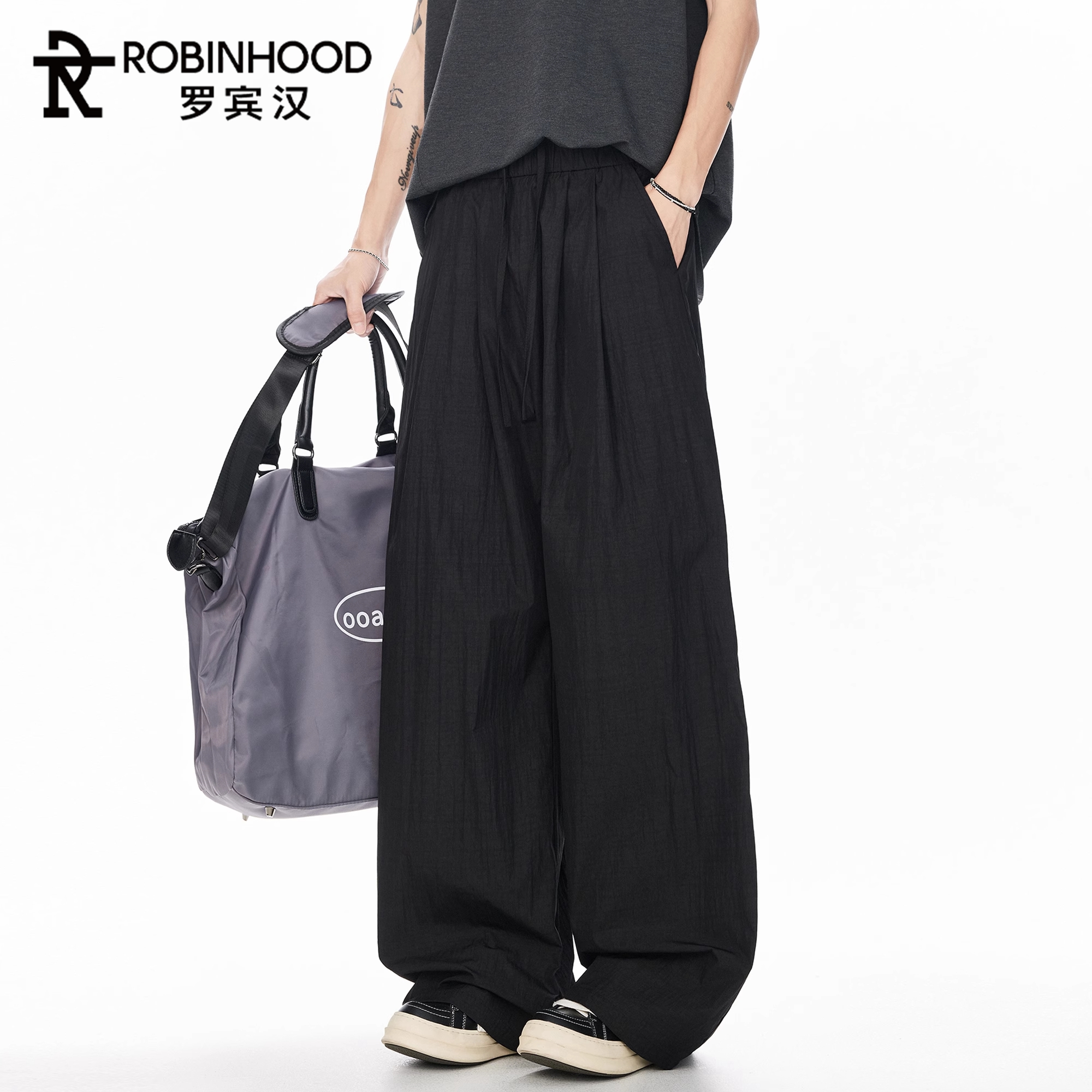 罗宾汉冰丝垂感山本运动裤直筒宽松夏季薄款慵懒风弯刀休闲裤男士