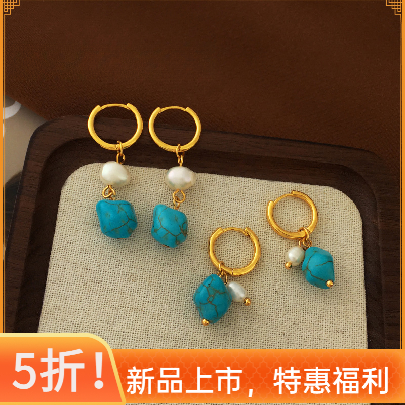 黄铜耳饰 【中古风耳坠】蓝色石头复古风宫廷风小众高级感气质耳环