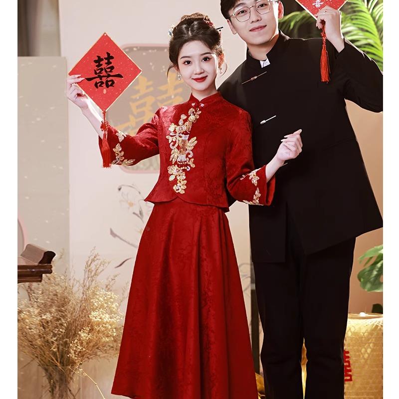 酒红色敬酒服新娘2025新款旗袍小个子订婚礼服裙中式改良结婚蕾丝