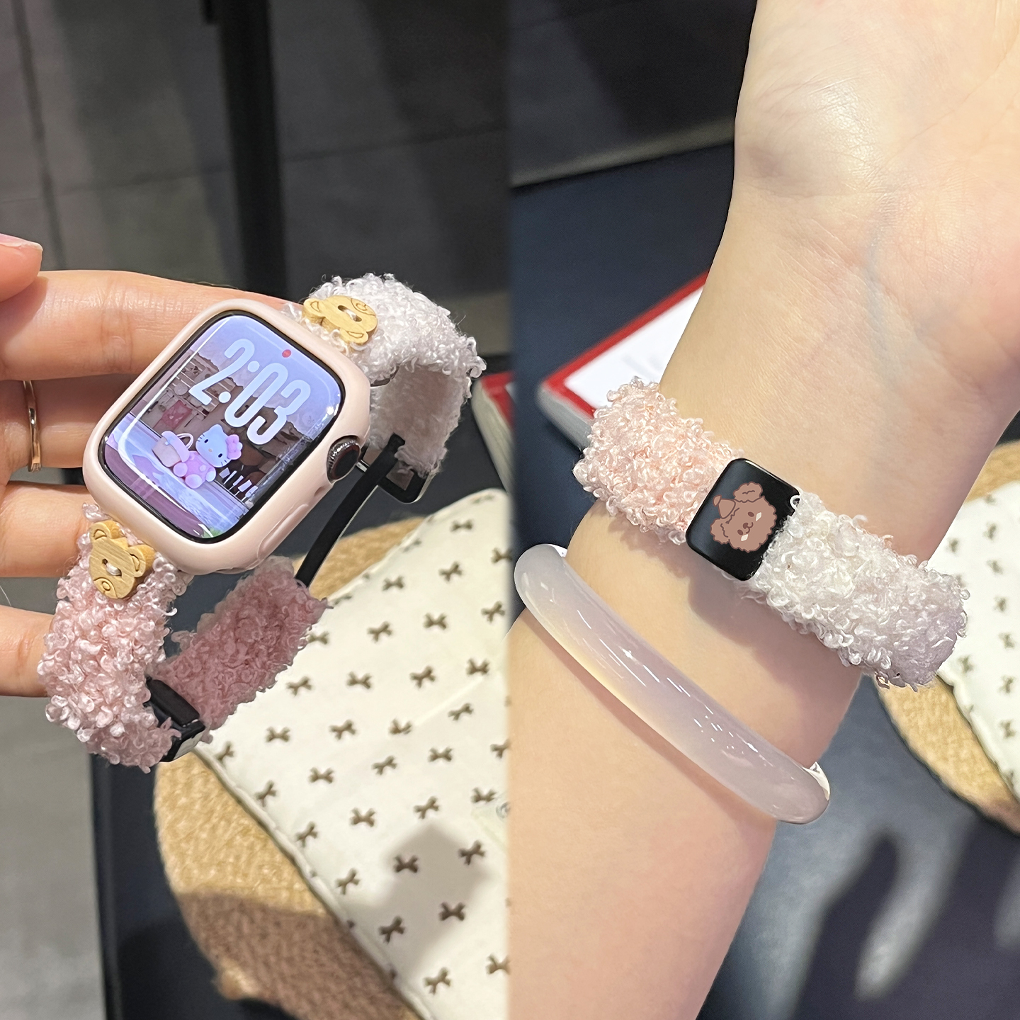 适用苹果手表表带s11小熊iwatch s10摇粒绒s987秋冬XL女款se腕带