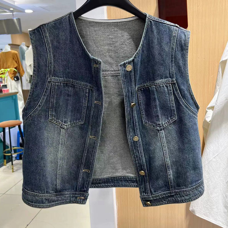 时尚百搭圆领单排扣牛仔马甲女春秋时髦洋气短款背心无袖坎肩外套