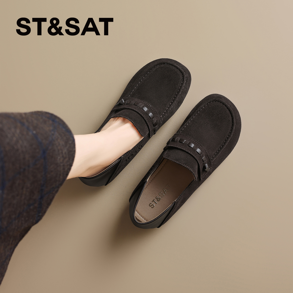 星期六平底勃肯鞋女2025爆款秋冬软底复古博肯鞋真皮一脚蹬豆豆鞋