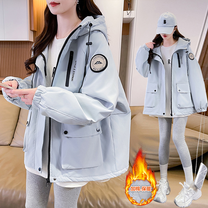 夹棉加厚工装冲锋衣外套女冬季新款初中高中学生宽松保暖棉衣棉服