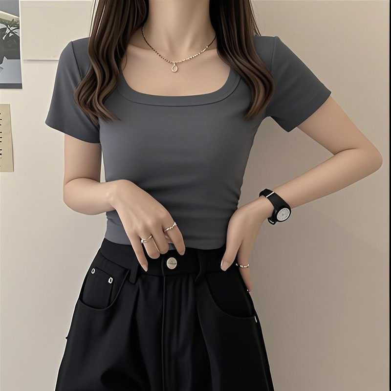 短款辣妹韩版方领纯棉t恤气质方领修身女T恤紧身短袖设计感上衣潮