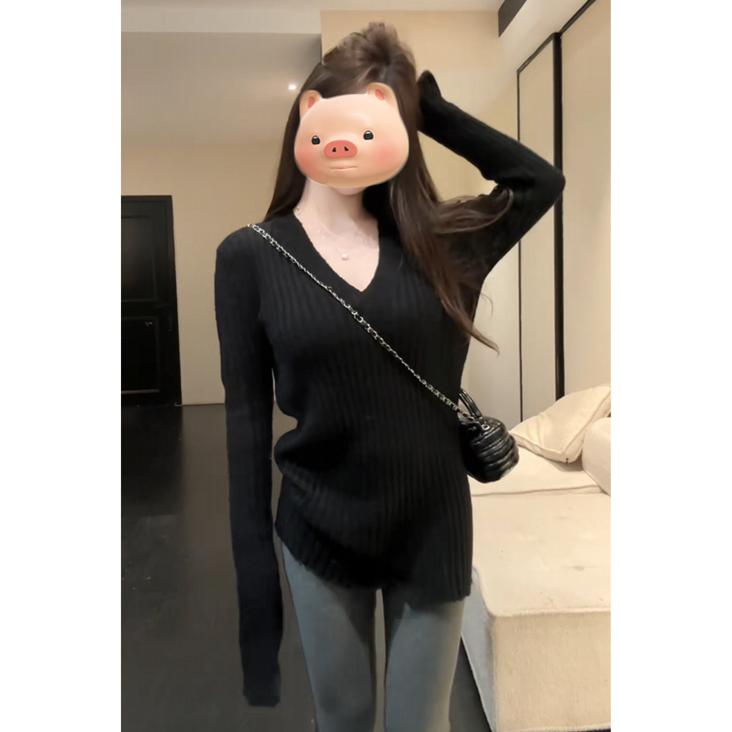 黑色V领套头打底坑条毛衣女秋冬季内搭可外穿修身显瘦针织衫上衣