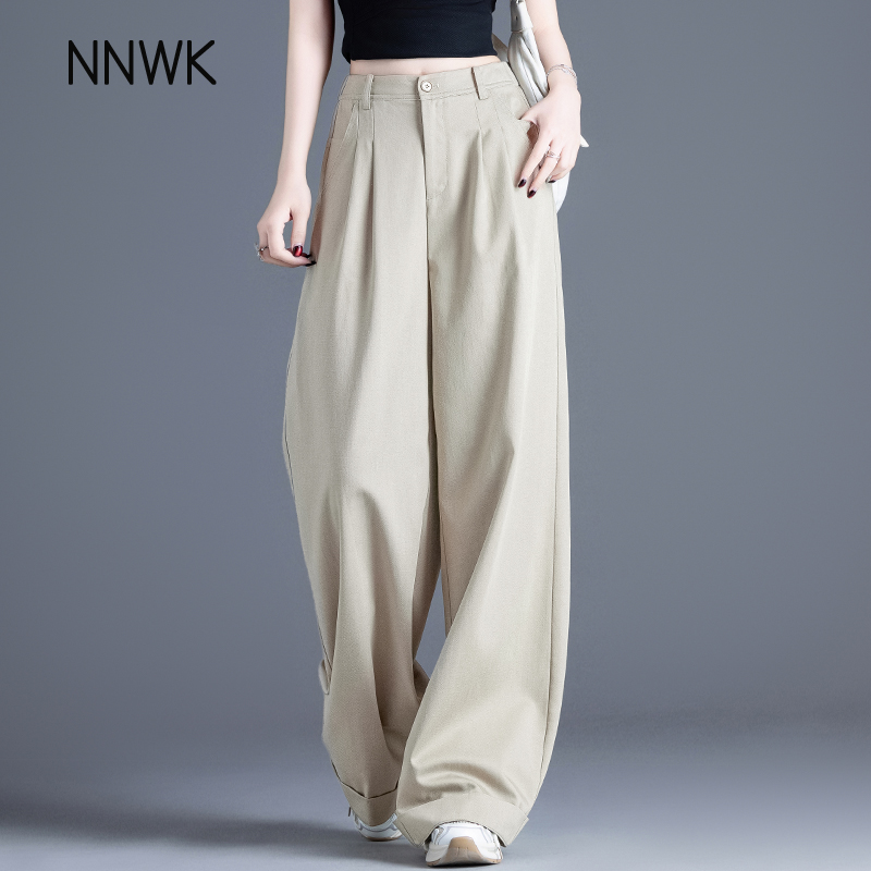 卡其色裤子女2025秋季阔腿裤休闲裤莱赛尔棉垂感直筒裤宽松拖地裤