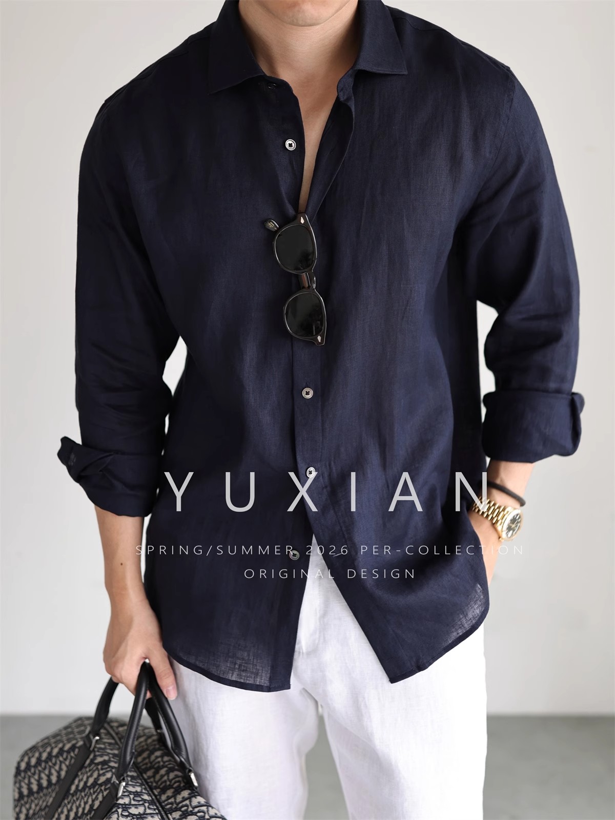 【YX】意式100%亚麻色织长袖衬衫休闲商务纯色通勤透气衬衣男