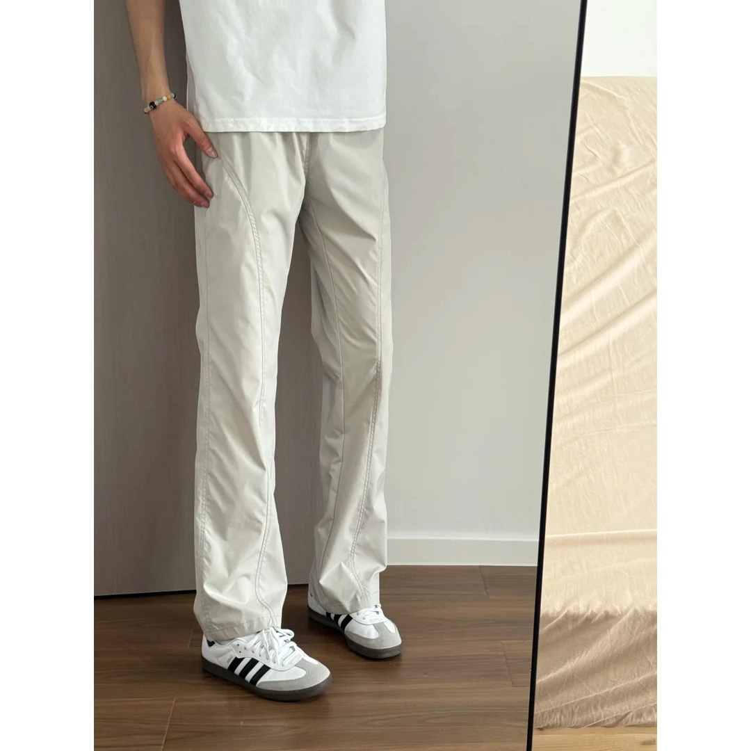 米白色美式斜切速干裤子男夏季薄款软壳冲锋休闲裤直筒冰丝微喇裤