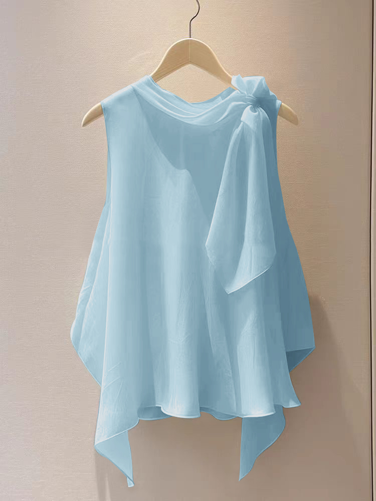 漂亮洋气高端别致小衫法式上衣蓝色无袖蝴蝶结衬衫2025新款夏季