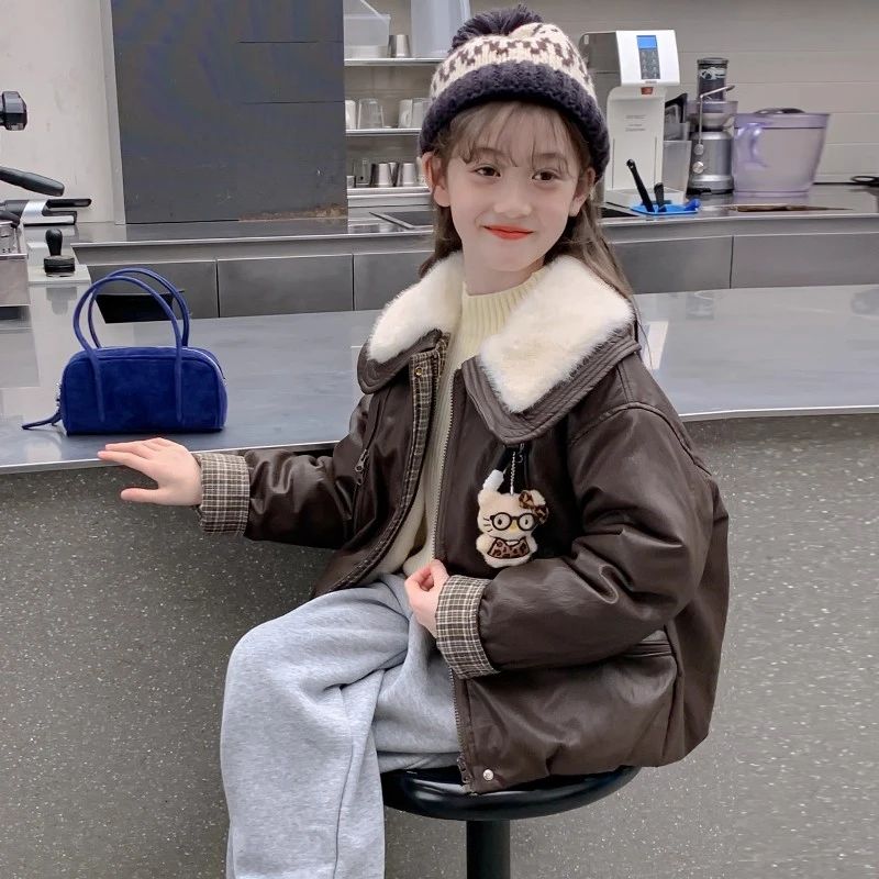 女童皮衣外套秋冬款2025新款洋气儿童冬装加绒加厚大童女孩皮夹克