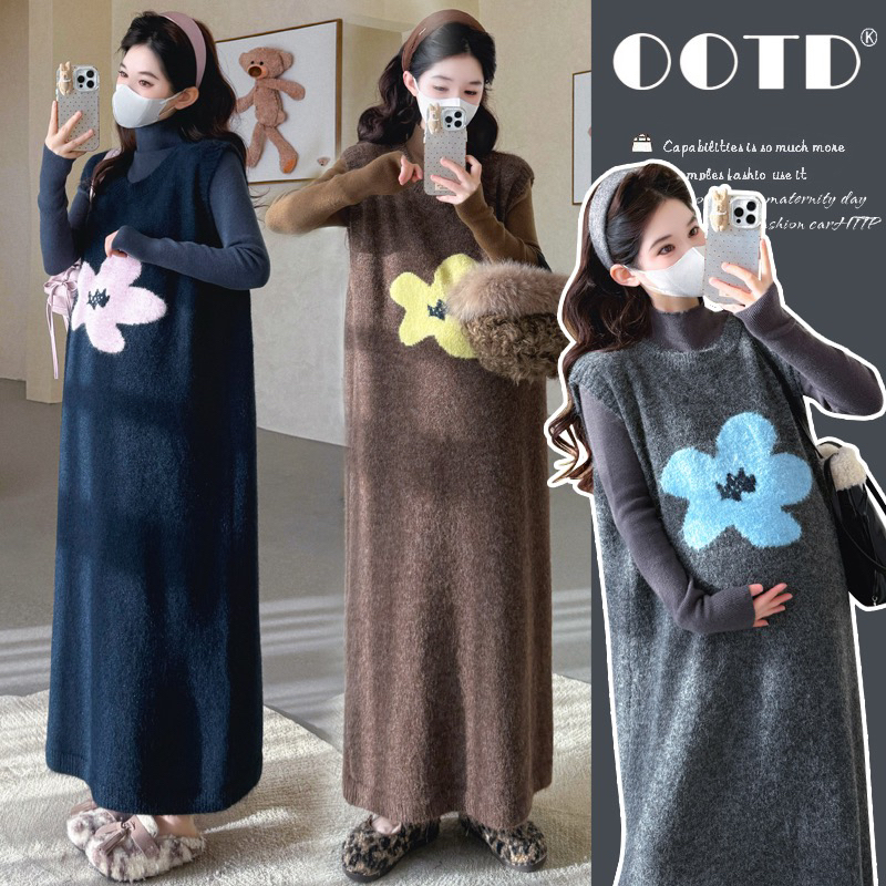 孕妇套装2026秋冬新款孕妇韩版刺绣花朵毛衣背心裙打底套装孕妇装
