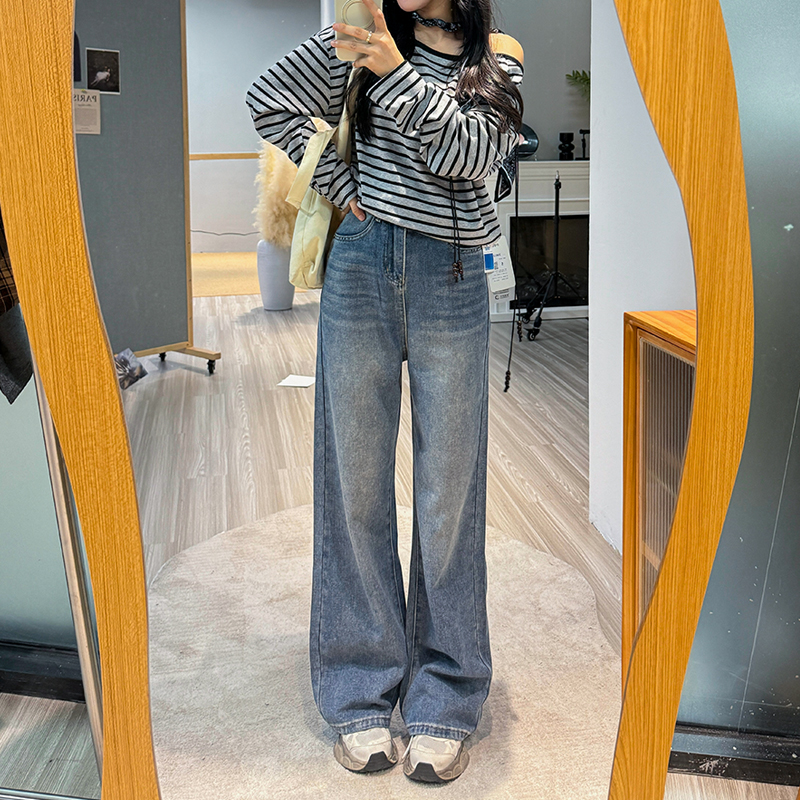 25822#美式辣妹直筒裤阔腿裤女裤复古高腰牛仔裤秋季新款窄版显瘦