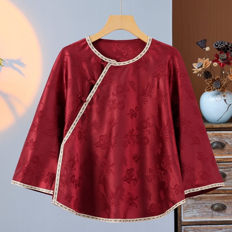 【春英专属】新中式国风上衣小衫女宽松提花蝙蝠袖复古斜襟女衬衫