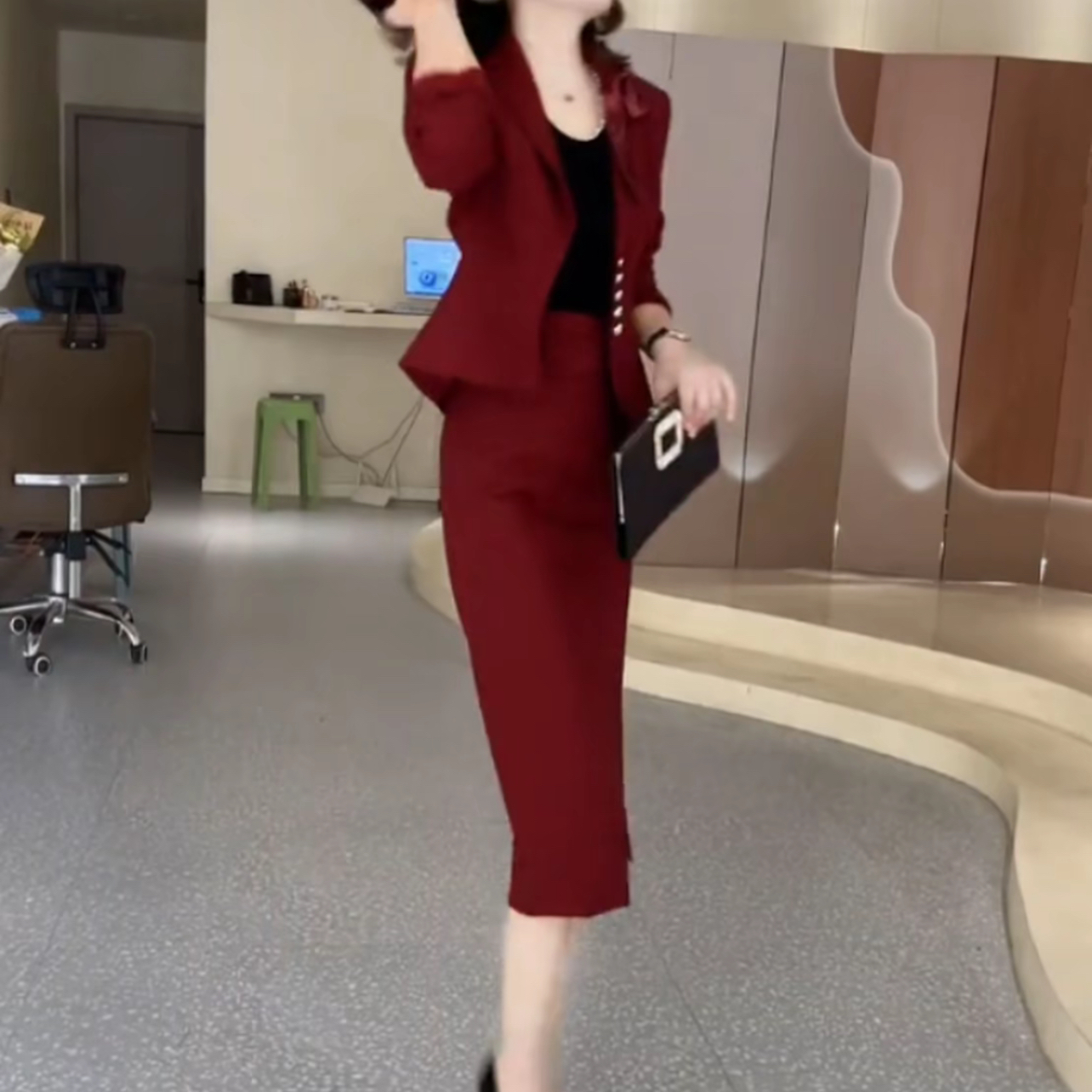 Y新款纯色简约长袖百搭女装气质显瘦套装