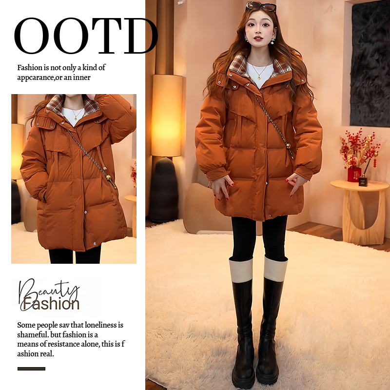 加厚复古格子拼接羽绒棉服女2025年冬季新款韩版气质宽松保暖棉衣