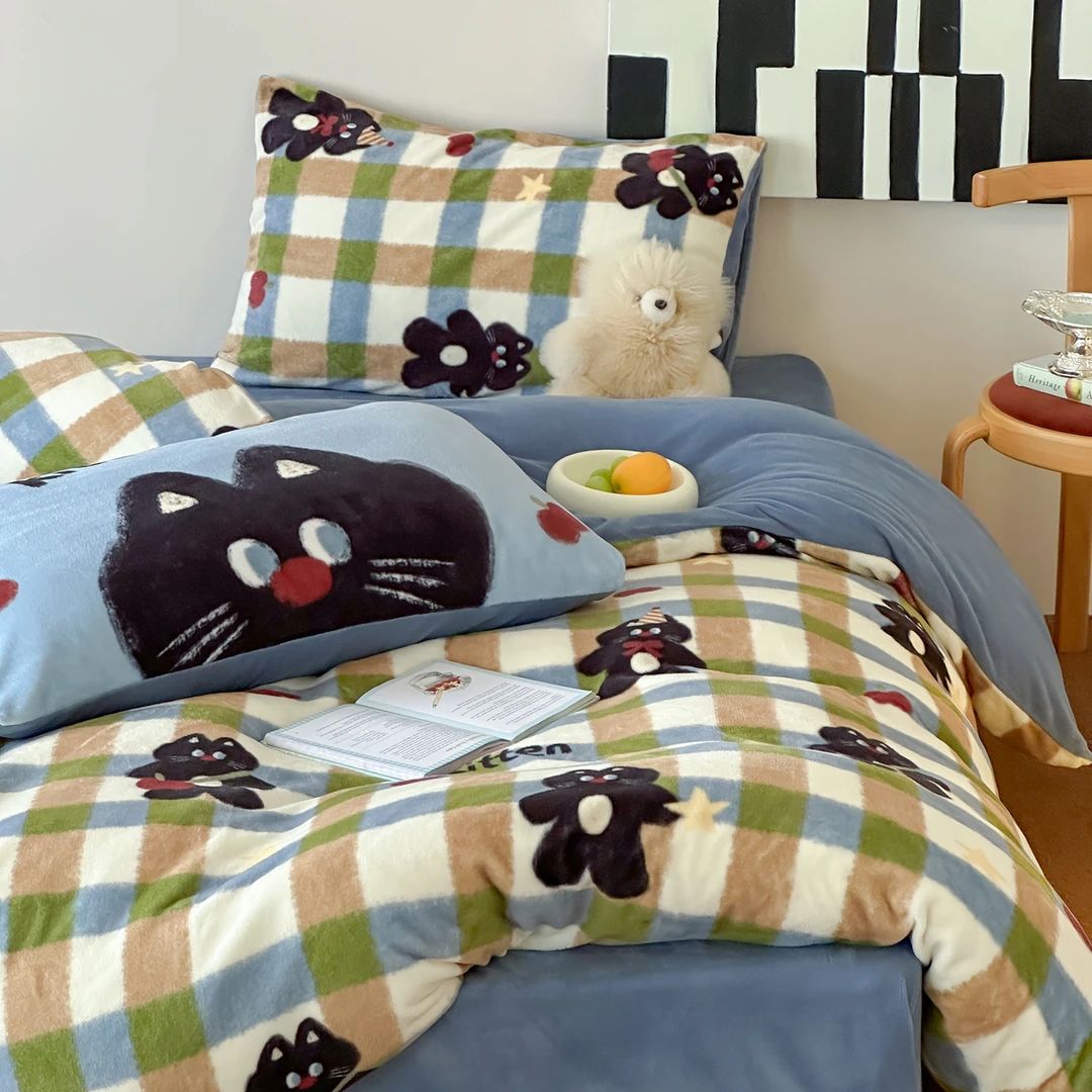 「梦皙」ins甜酷豹纹猫牛奶绒加厚四件套双面珊瑚绒被套卡通三件