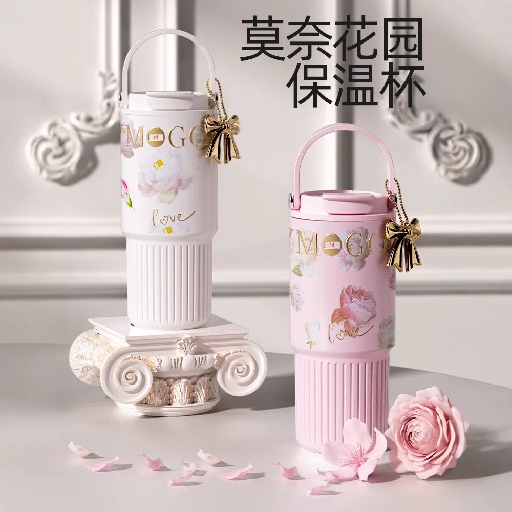 繁花吸管保温杯316不锈钢陶瓷内胆女车载冰霸杯女大容量便携水杯
