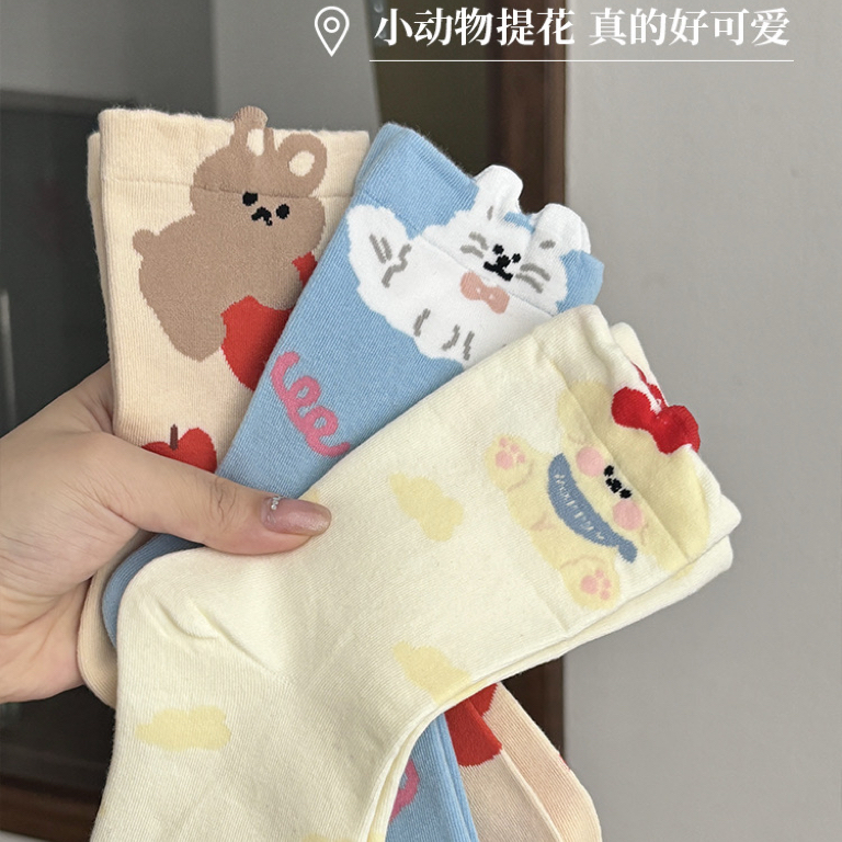 袜子女春夏日系可爱熊猫小狗学院风ins潮百搭中筒袜立体卡通动物