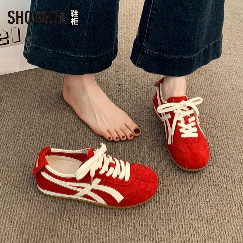 SHOEBOX鞋柜阿甘鞋红色德训鞋女款2025新款秋季百搭平底休闲鞋