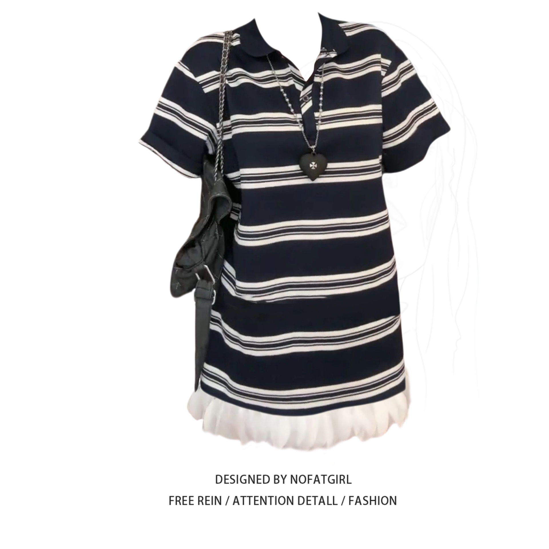 大码胖妹妹韩系复古拼接蕾丝边撞色翻领条纹短袖连衣裙女夏季短裙