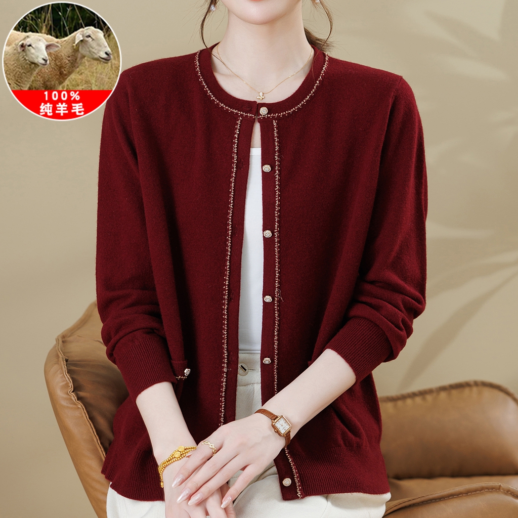100%纯羊毛女开衫中老年人羊毛衫妈妈秋冬新款纯色洋气针织毛衣服