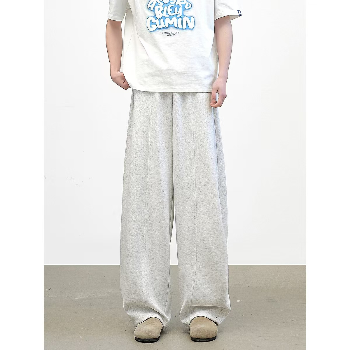 York Zoom春夏新品重磅宽松廓形弯刀休闲裤灰色卫裤百搭运动垂感