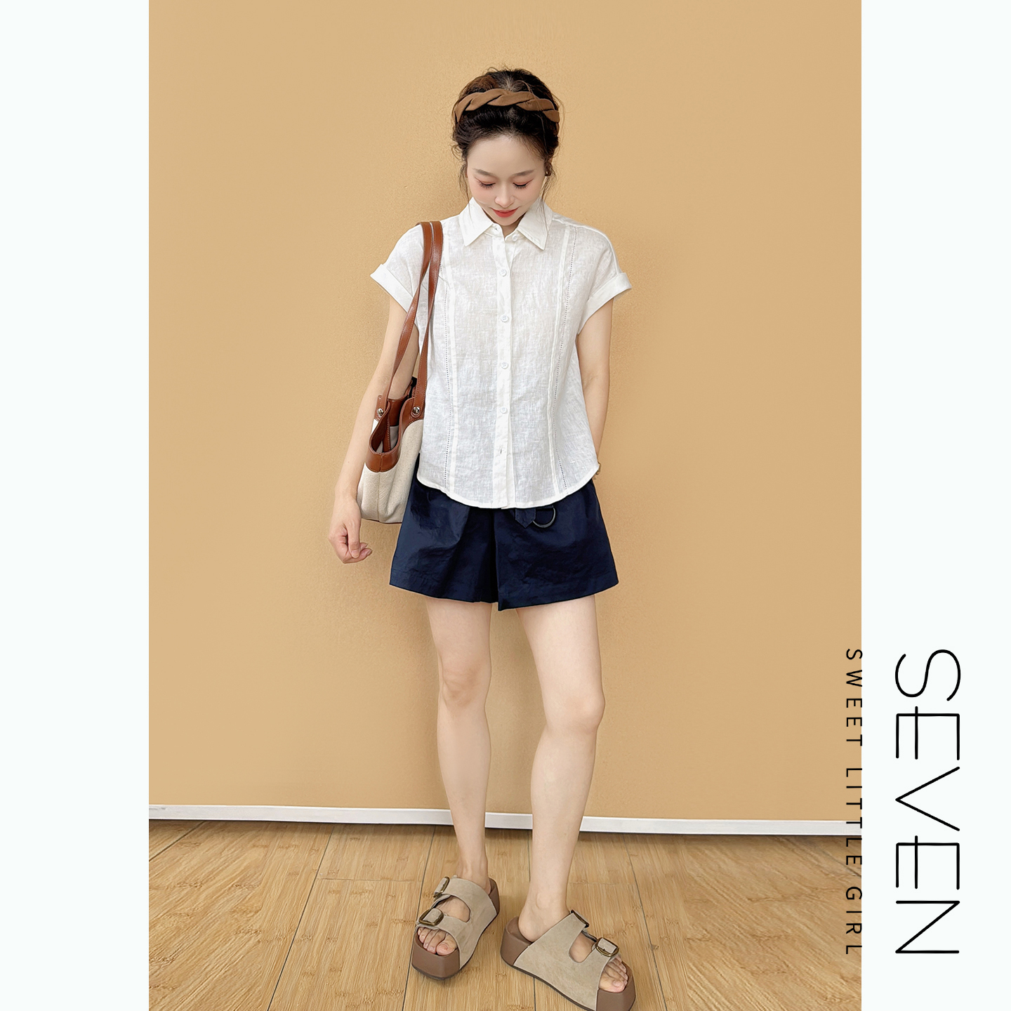 白色休闲⑧七七146小个子100%亚麻镂空衬衫女夏季百搭上衣小美说