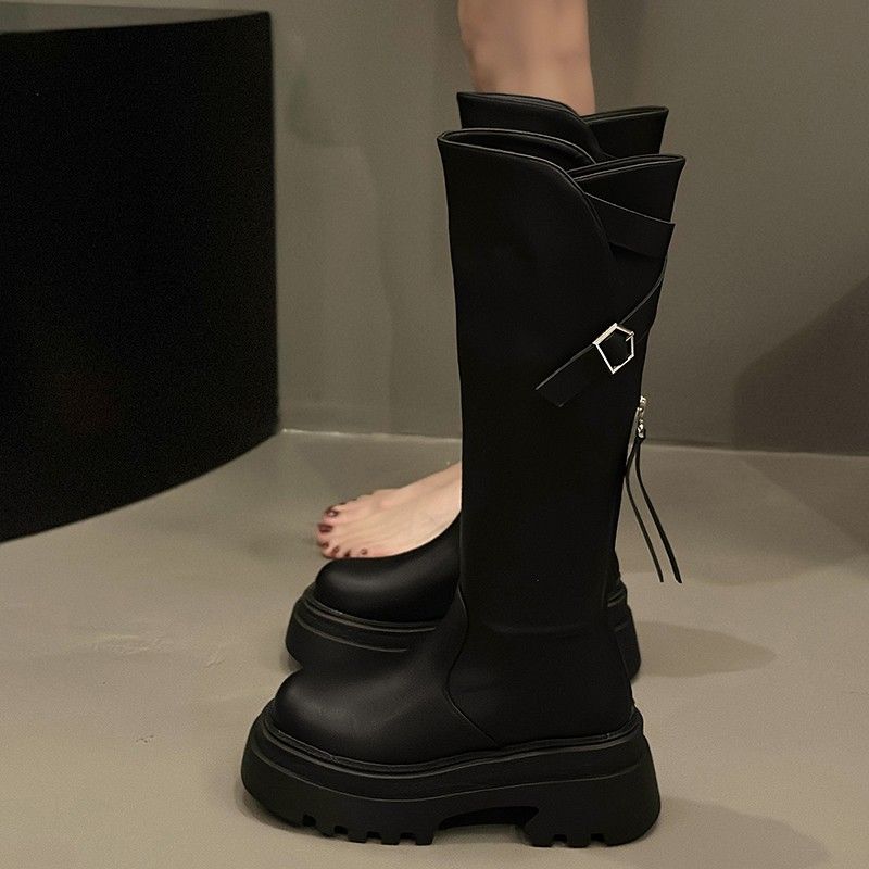 粗跟厚底高筒靴女2025年春秋季新款时尚百女士黑色复古粗跟骑行靴