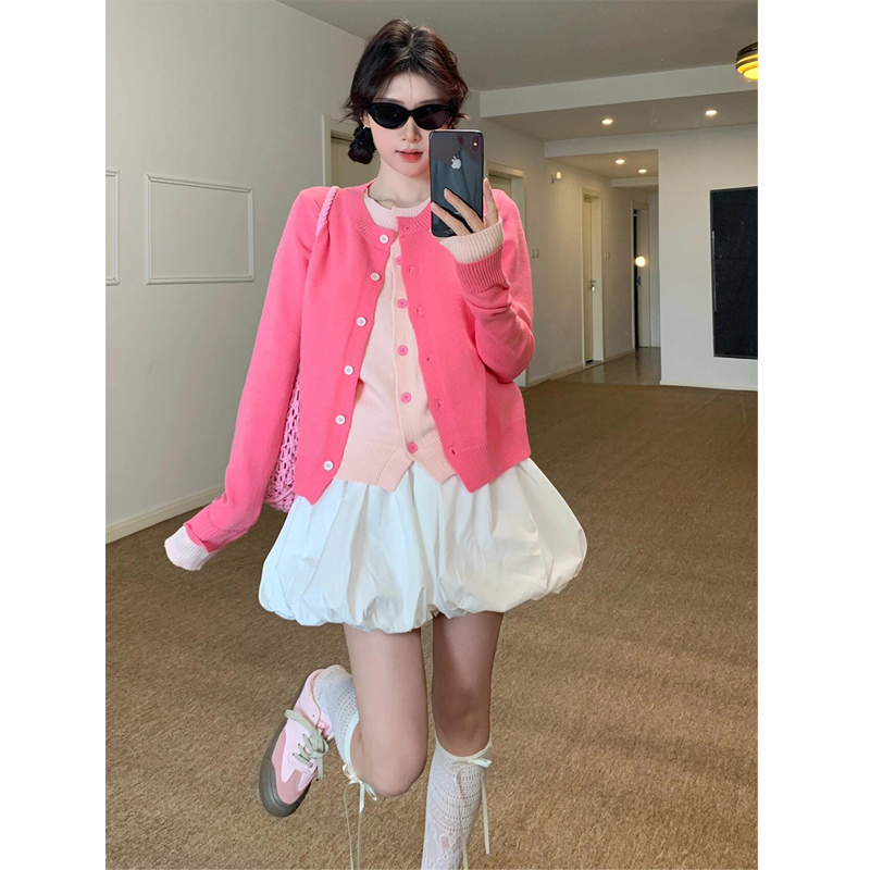 韩系拼接假两件开衫毛衣女春秋冬宽松软糯温柔别致休闲百搭针织衫