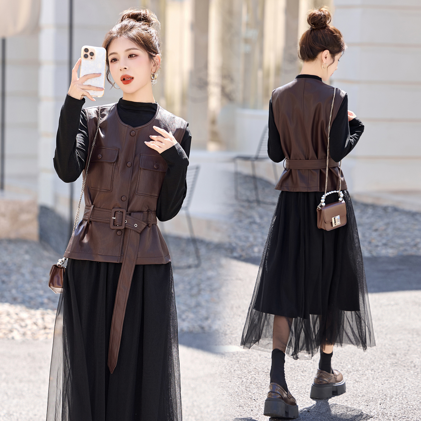 韩系气质PU皮马甲套装裙女2025春秋新款收腰显瘦网纱连衣裙两件套